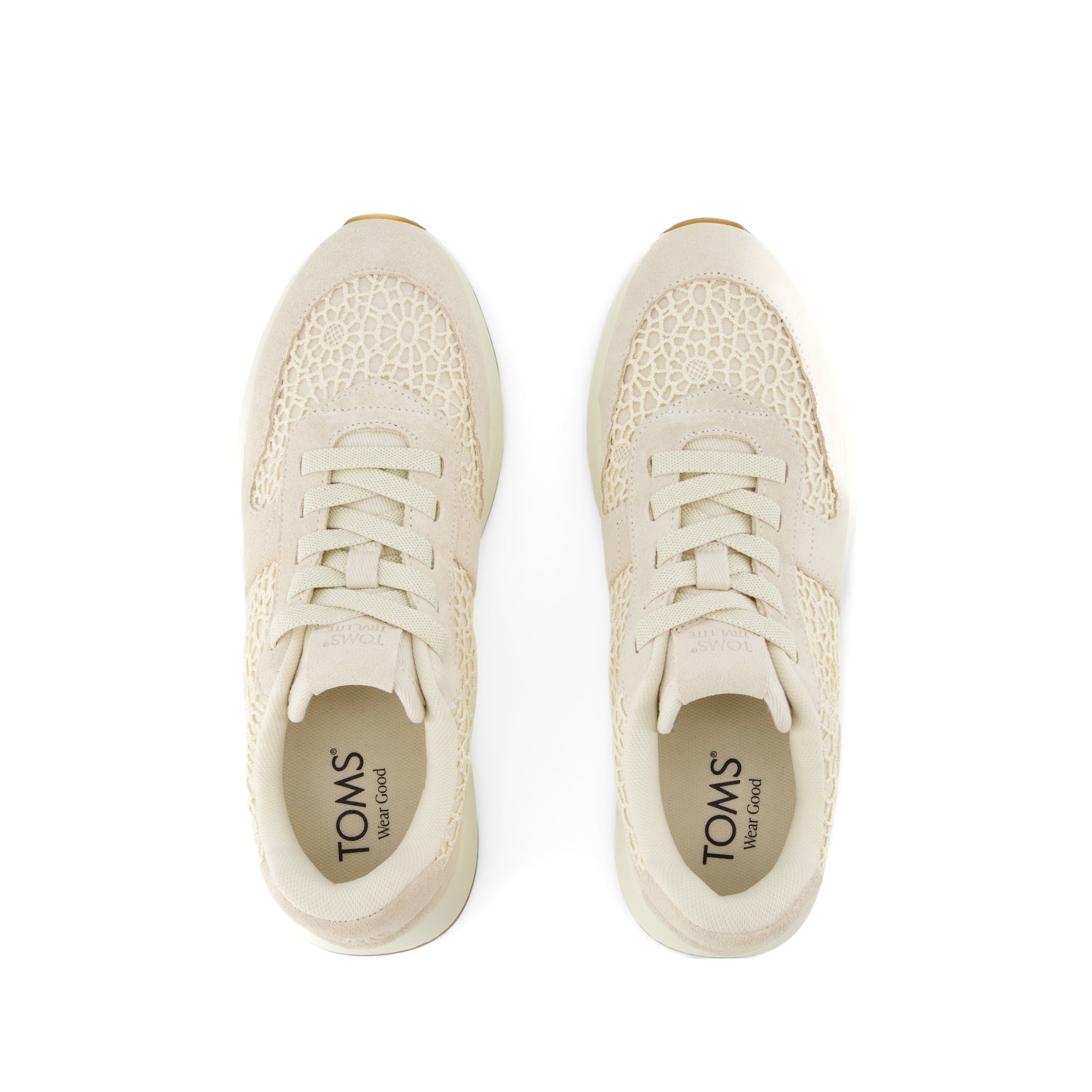 TRVL LITE Retro Runner Sneaker - Water Repellent Light Sand Suede and Moroccan Crochet Top View