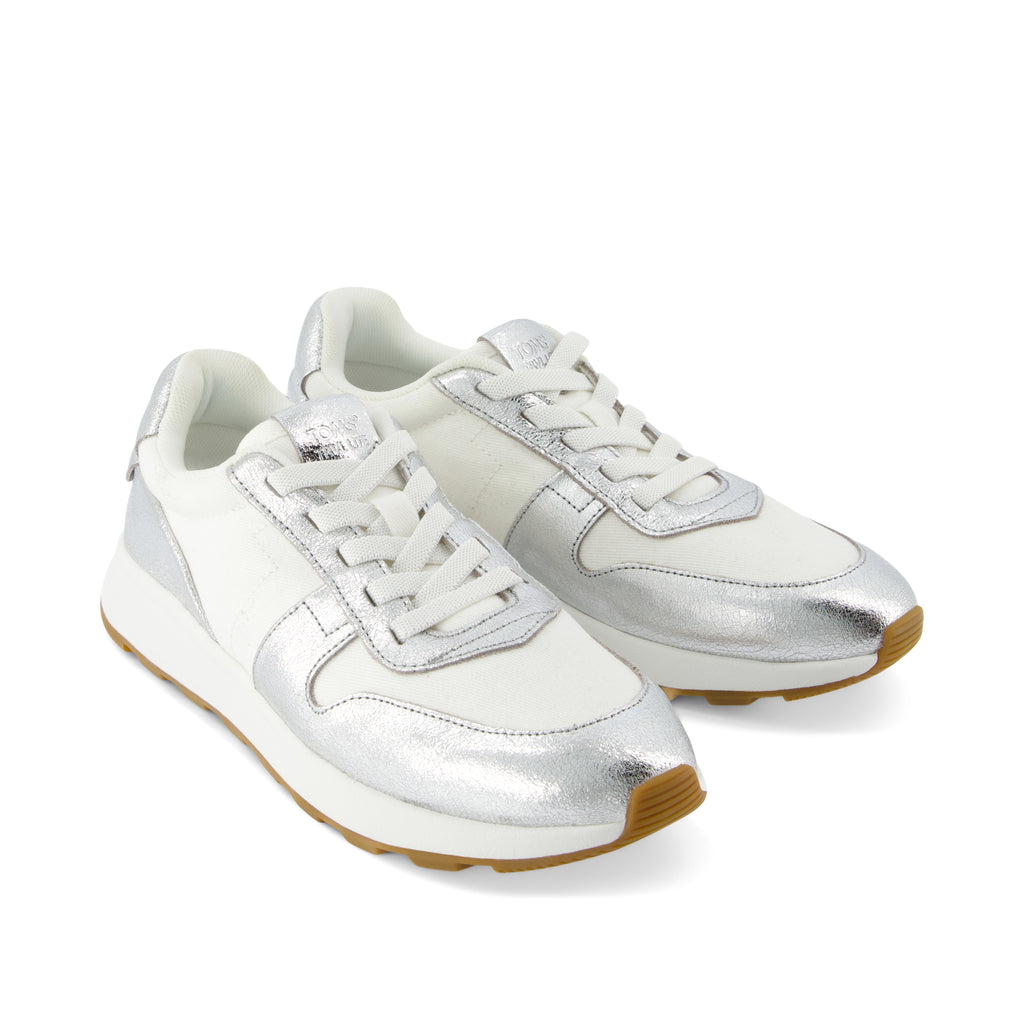 TRVL LITE Retro Runner Sneaker - Water Repellent Silver Crinkle Metallic Leather and Vintage Twill Front View