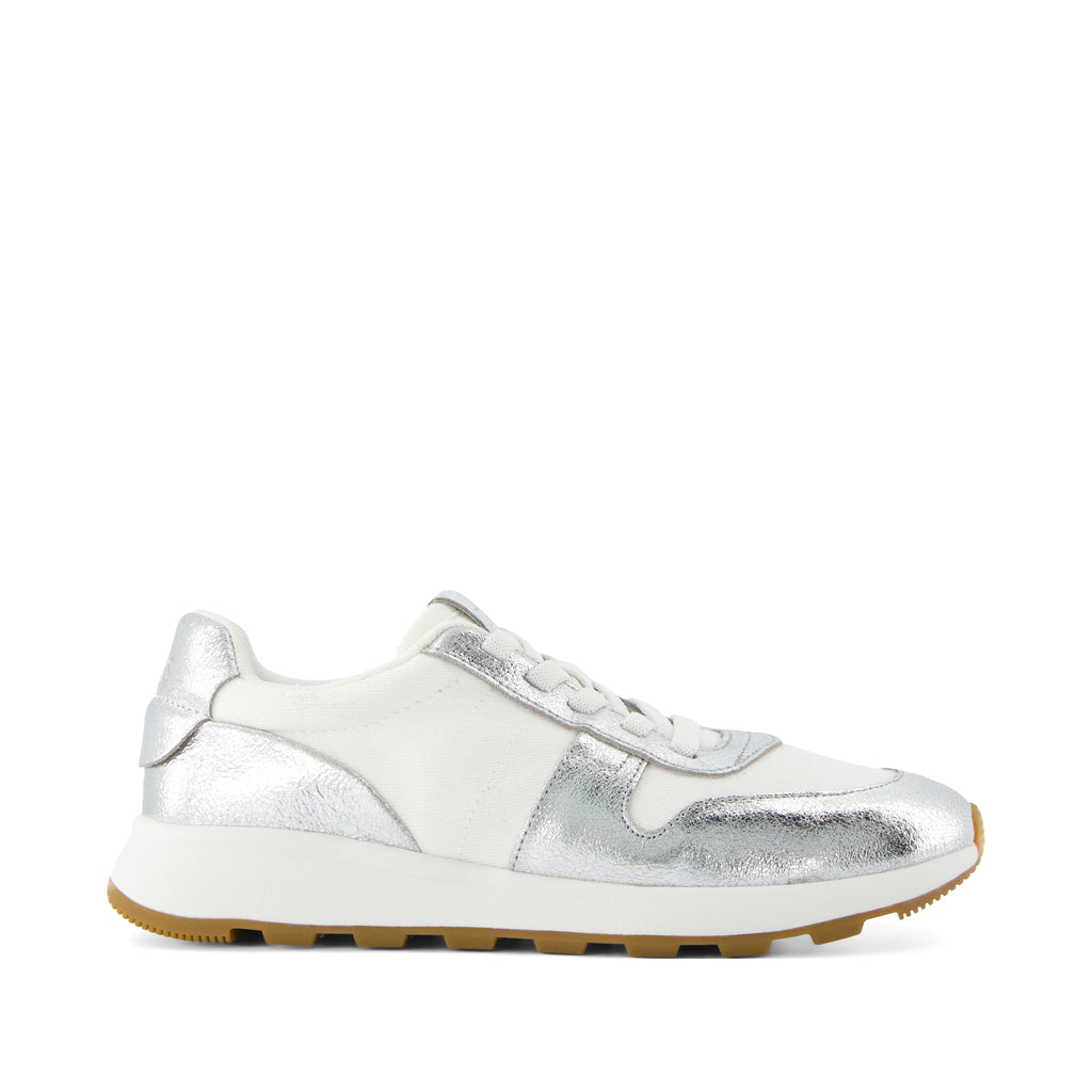 TRVL LITE Retro Runner Sneaker - Water Repellent Silver Crinkle Metallic Leather and Vintage Twill Side View