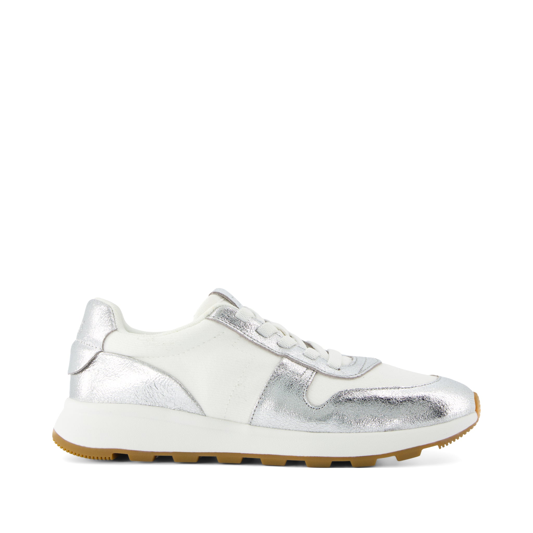 TRVL LITE Retro Runner Sneaker - Water Repellent Silver Crinkle Metallic Leather and Vintage Twill Side View