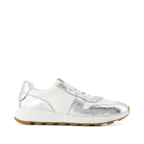 TRVL LITE Retro Runner Sneaker - Water Repellent Silver Crinkle Metallic Leather and Vintage Twill Side View