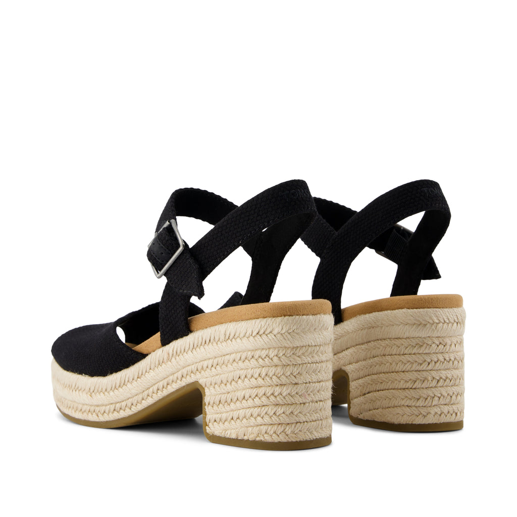 Isla Peep Toe Heeled Sandal - Black Beachside Woven Back View