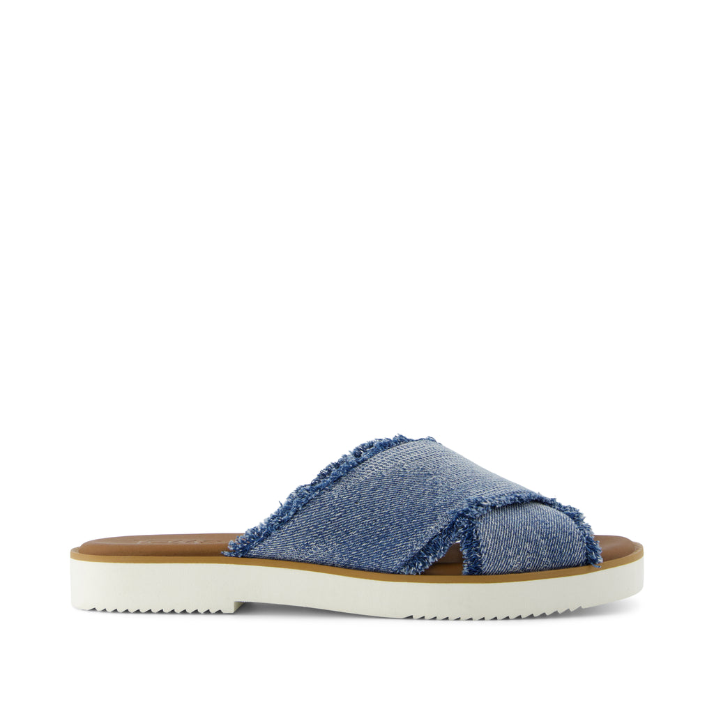 Mae Crossover Slide Sandal - Dark Sky Textured Denim Side View