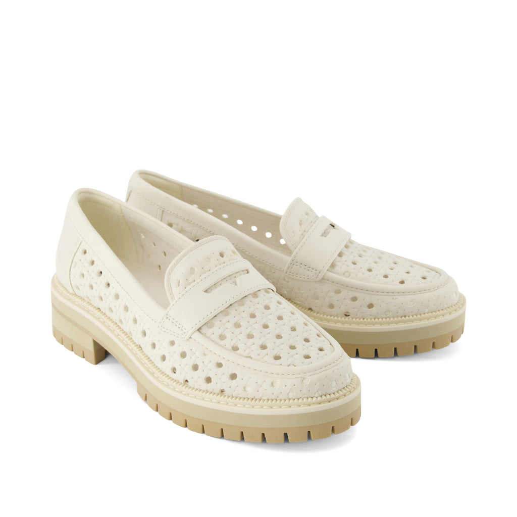 Cara Loafer - Light Sand Leather Embossed Perforated Front View
