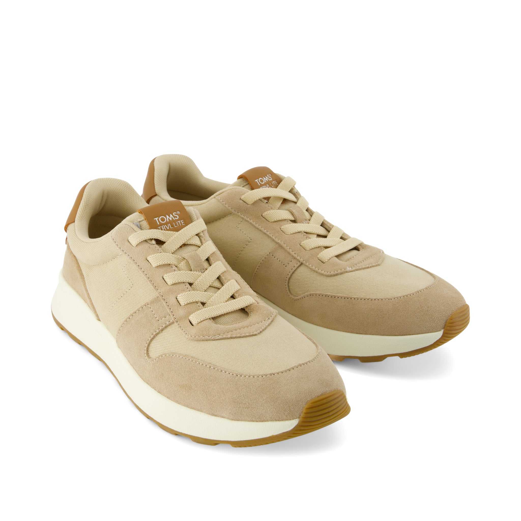 TRVL LITE Retro Runner Sneaker -  Water Repellent Almond Vintage Twill and  Leather Front View