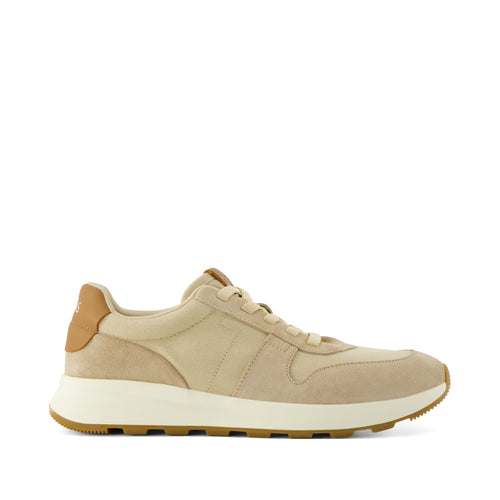 TRVL LITE Retro Runner Sneaker -  Water Repellent Almond Vintage Twill and  Leather Side View