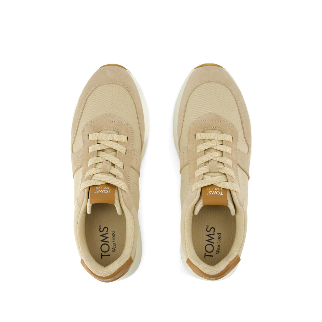 TRVL LITE Retro Runner Sneaker -  Water Repellent Almond Vintage Twill and  Leather Top View