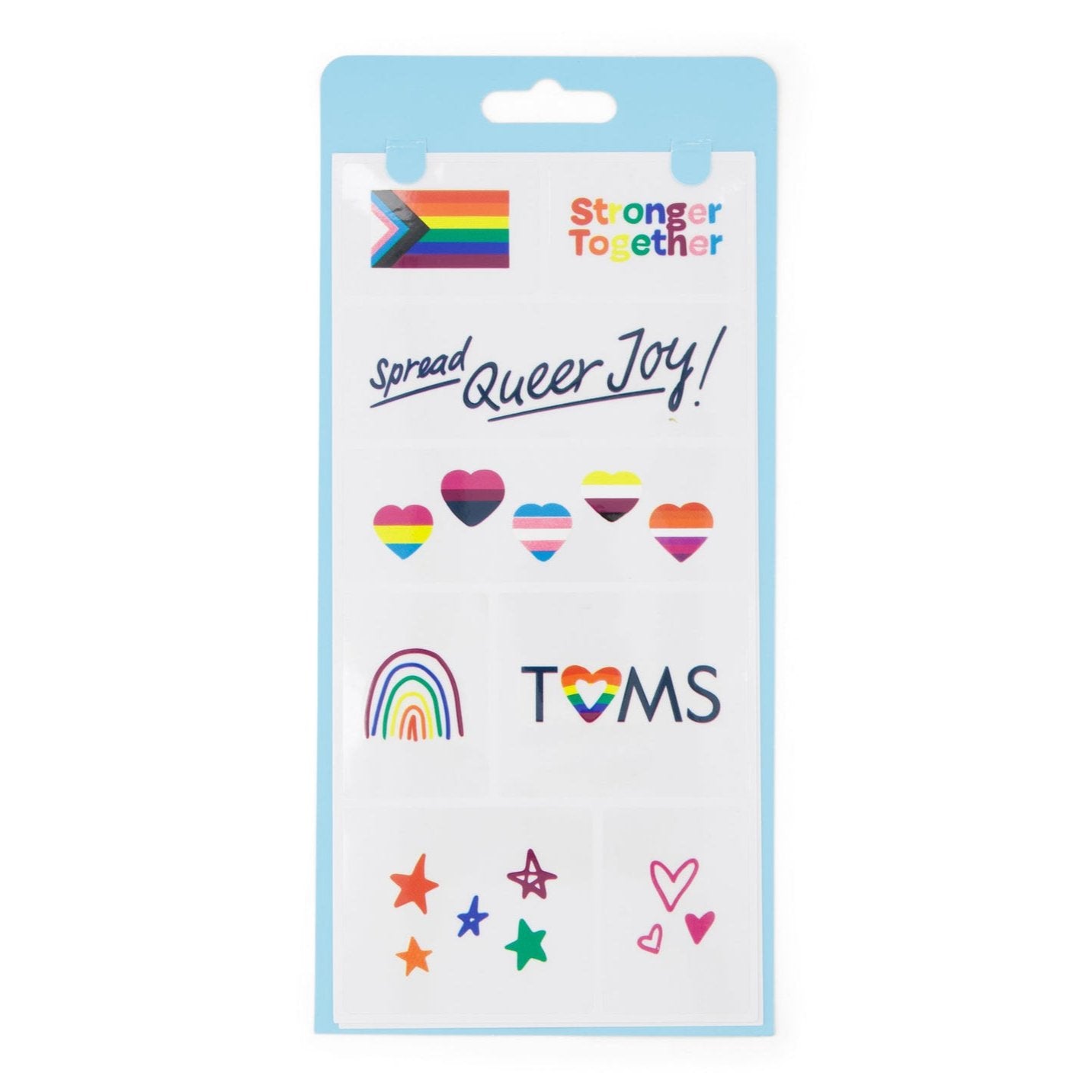 TOMS shoe tattoo stickers in pride featuring rainbows, stars and flags detail shot