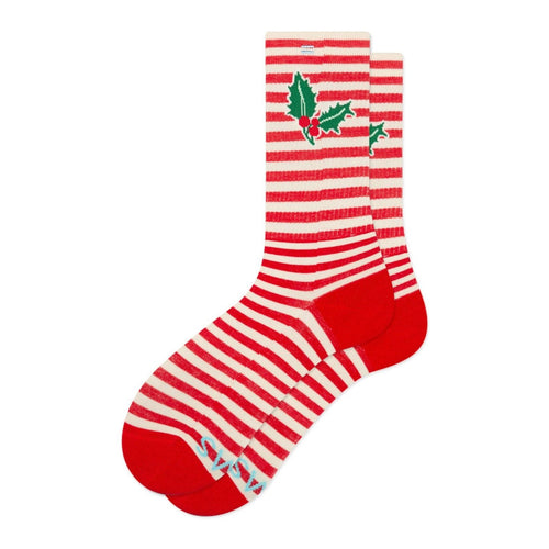 front side crew sock featuring candy cane holiday print