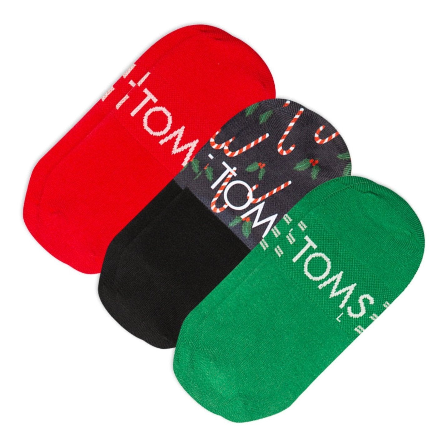 logo back shot holiday no show 3pk socks featuring candy cane print
