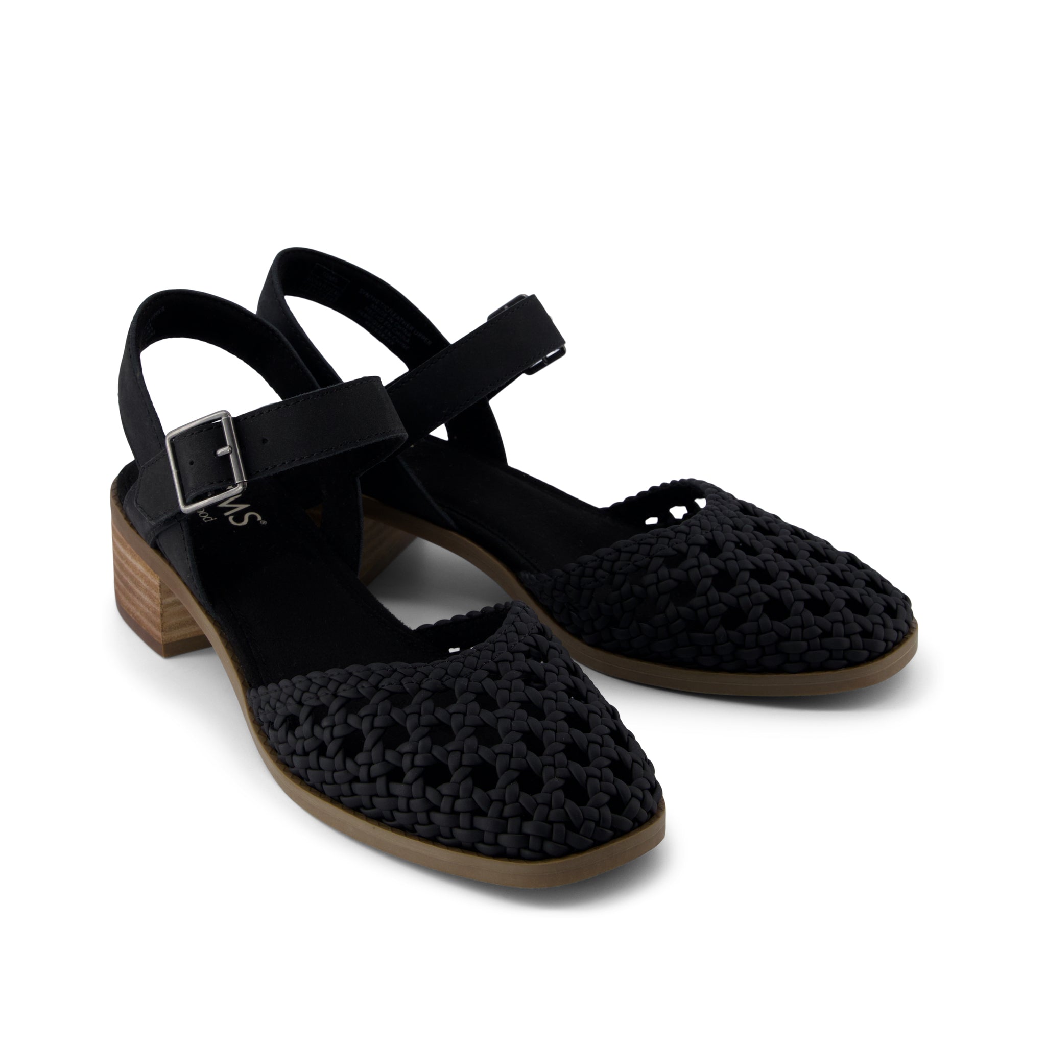 Jaclyn Heel - Black Knotted Basket Leather Embossed Perforated Front View