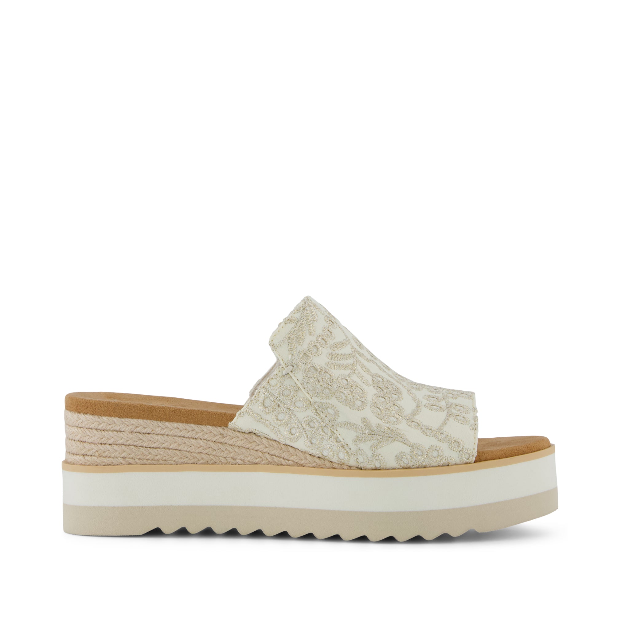 Diana Mule Wedge Sandal - Egret Botanical Eyelet Side View