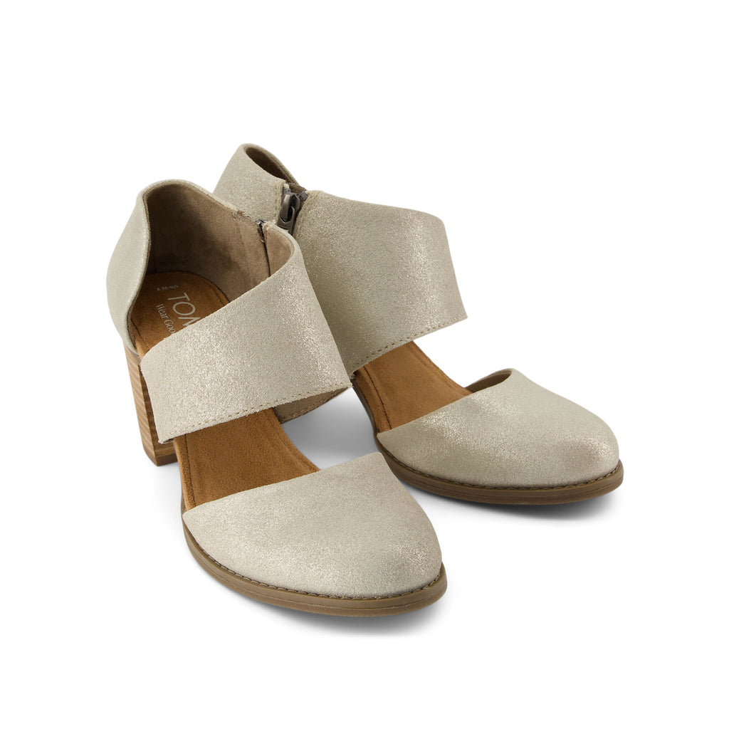 Milan Closed Toe Heel - Champagne Metallic Suede Front View