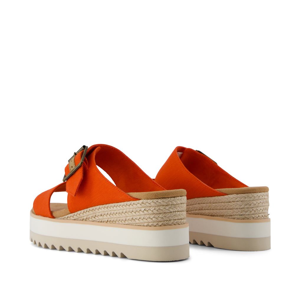 Diana Mule Buckle Wedge Sandal - Flame Slubby Woven Back View