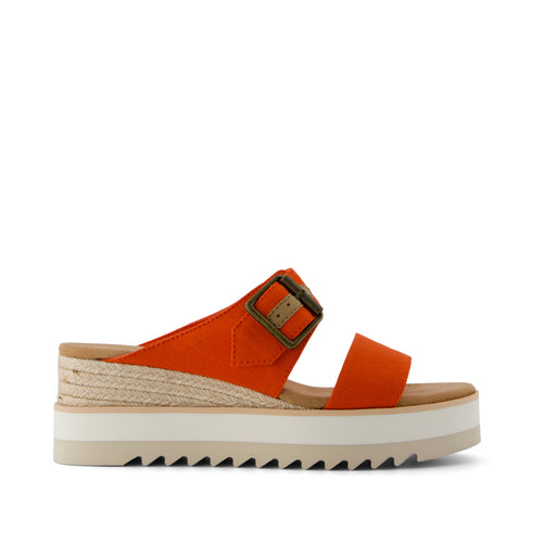 Diana Mule Buckle Wedge Sandal - Flame Slubby Woven Side View