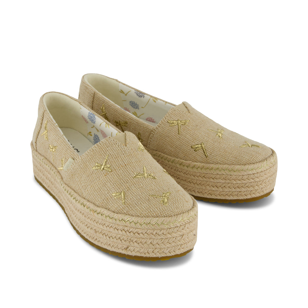 Valencia Platform Espadrille - Natural Undyed Metallic Dragonflies   Front View