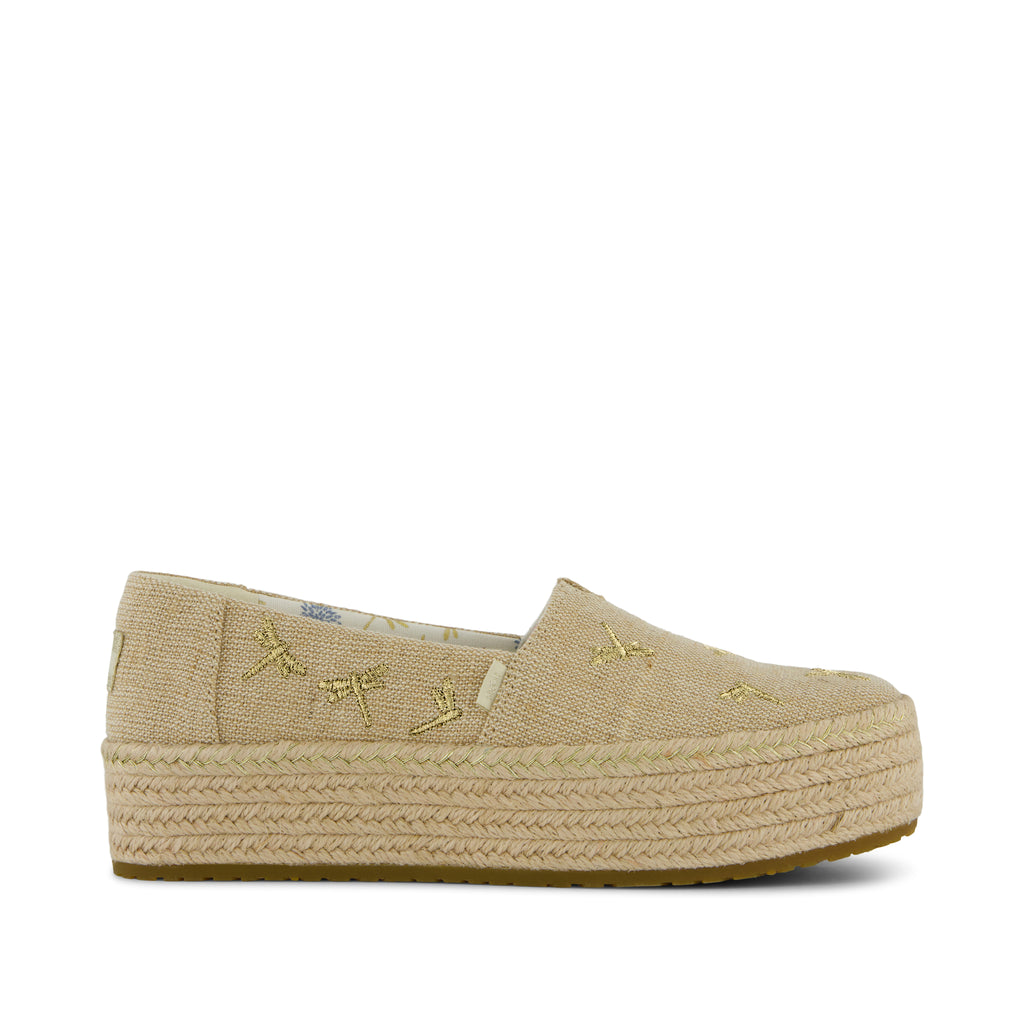 Valencia Platform Espadrille - Natural Undyed Metallic Dragonflies   Side View