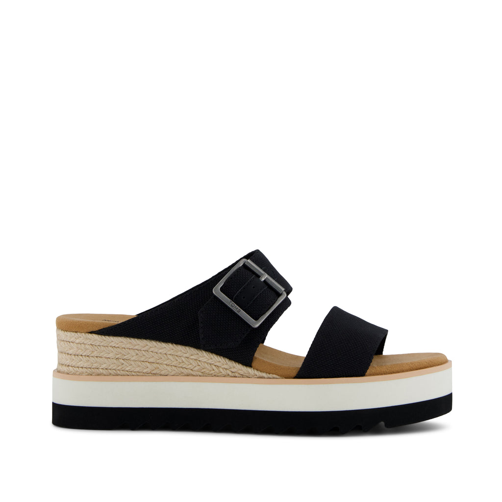 Diana Mule Buckle Wedge Sandal - Black Heavy Canvas Side View