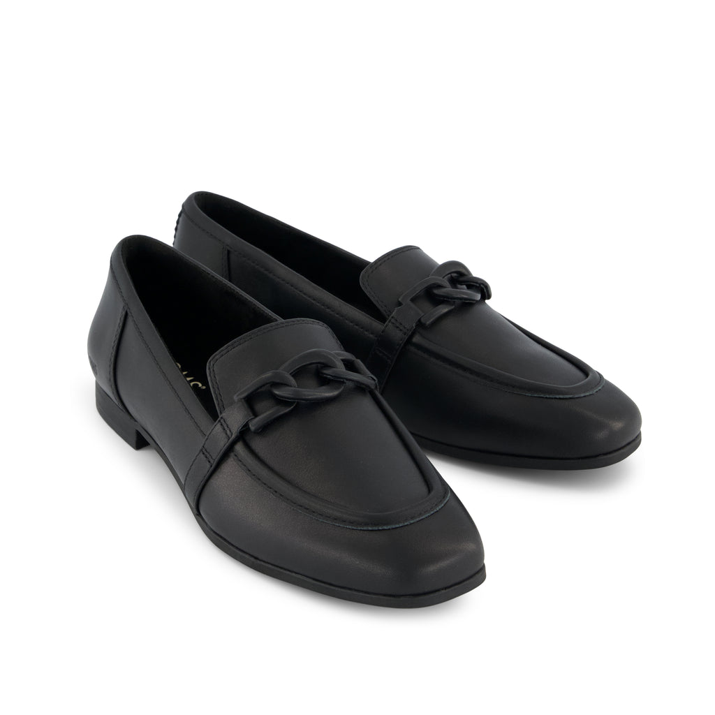 Lynette Loafer - All Black Leather with Chain Front View