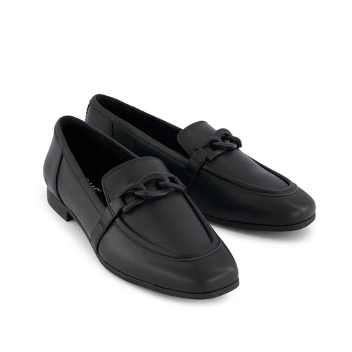 Lynette Loafer - All Black Leather with Chain Front View