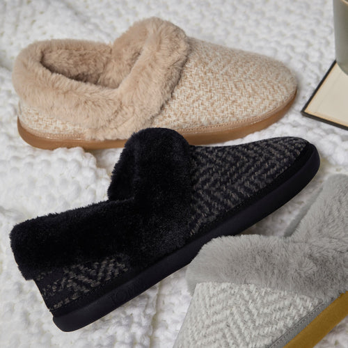 Laydown detail shot of the black herringbone Oslo convertible slipper