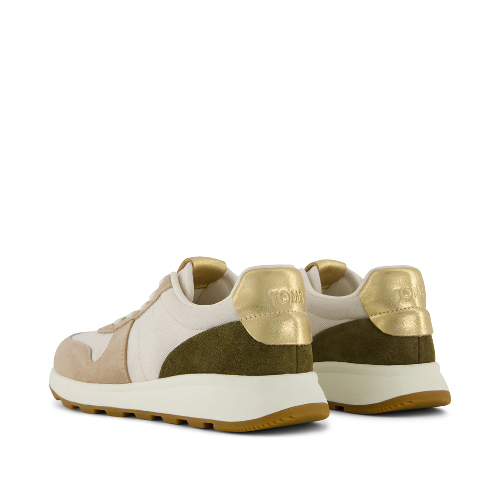 TRVL LITE Retro Runner Sneaker - Water Repellant Oatmeal Suede and Metallic Leather Back View