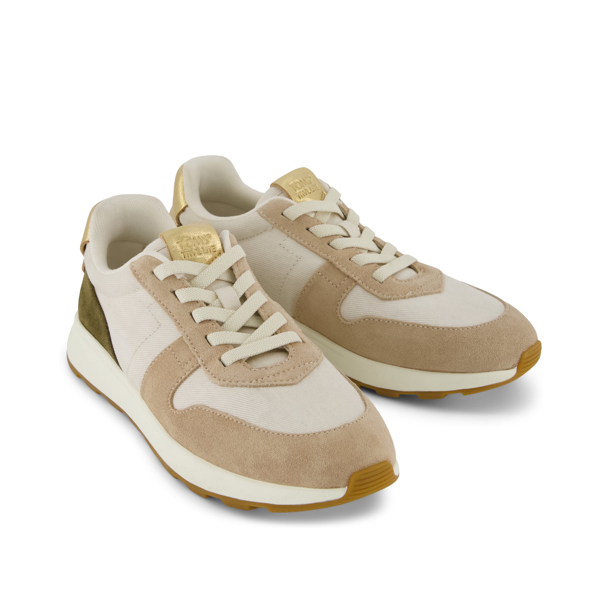 TRVL LITE Retro Runner Sneaker - Water Repellant Oatmeal Suede and Metallic Leather Front View