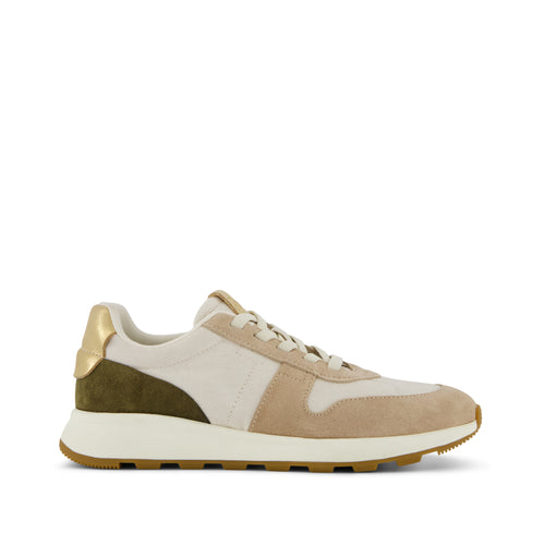TRVL LITE Retro Runner Sneaker - Water Repellant Oatmeal Suede and Metallic Leather Side View