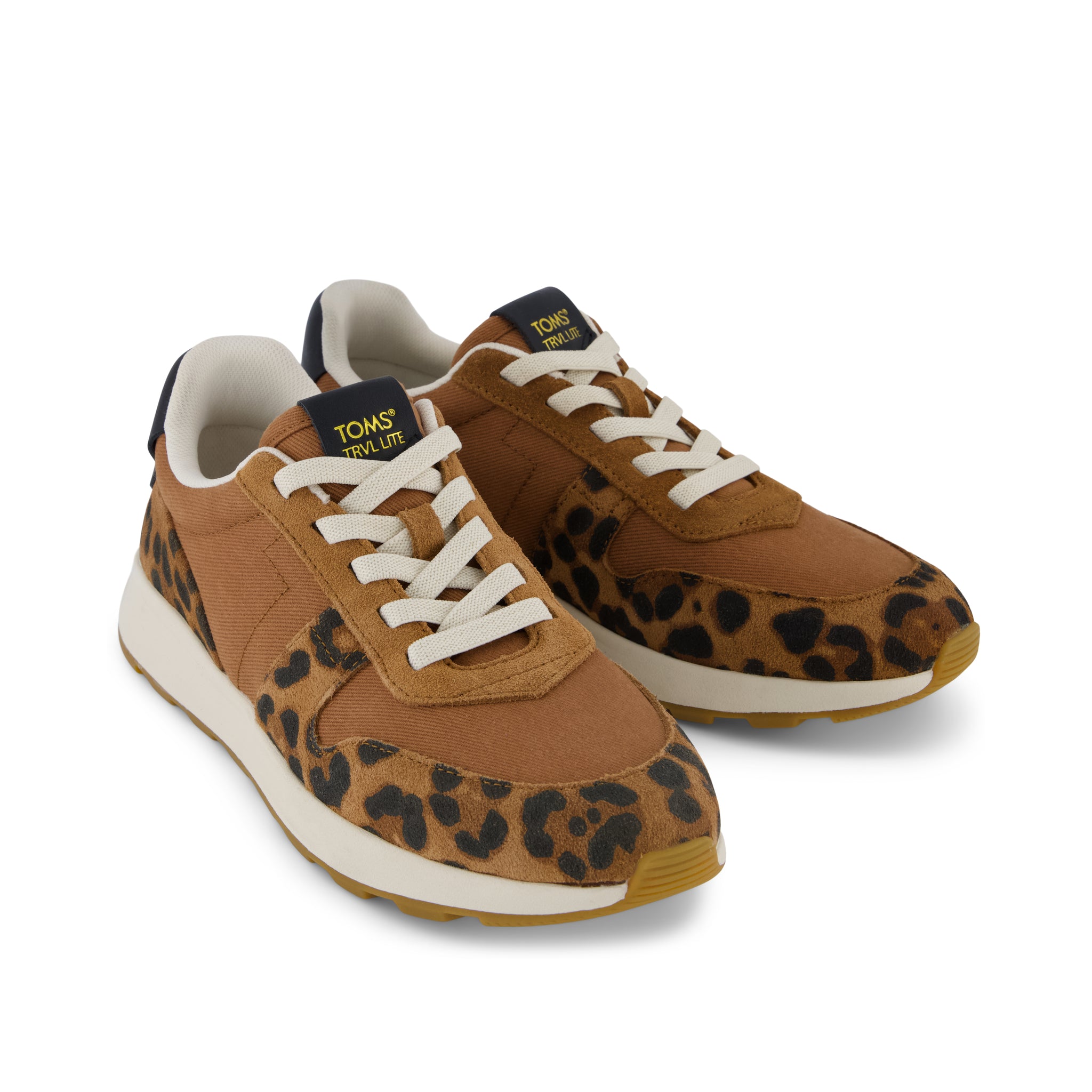 TRVL LITE Retro Runner Sneaker - Water Repellant Brown Sugar Leopard Print Suede Front View