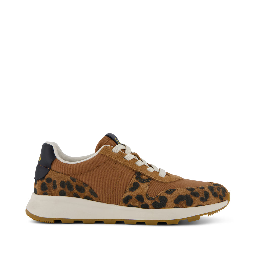 TRVL LITE Retro Runner Sneaker - Water Repellant Brown Sugar Leopard Print Suede Side View