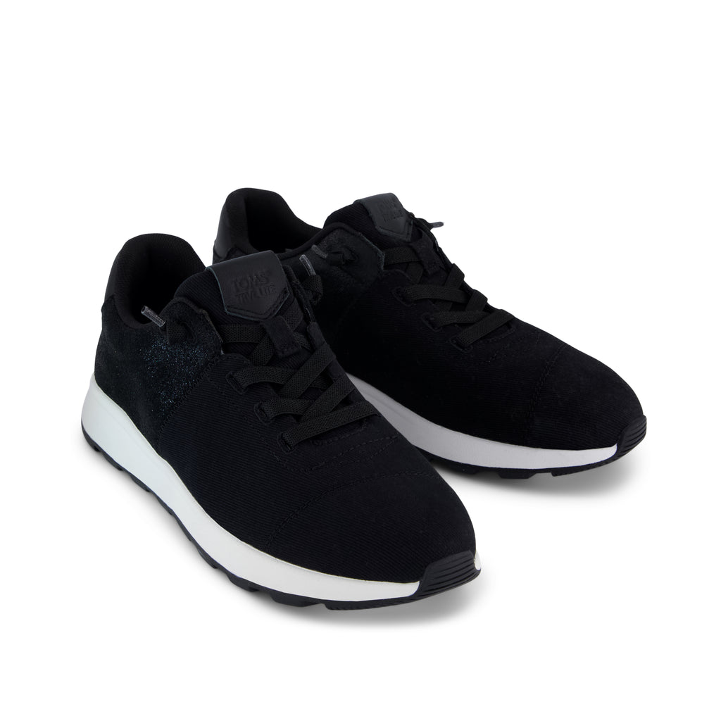 TRVL LITE Cabrillo Sneaker - Water Repellant Black Vintage Twill and Metallic Suede Front View