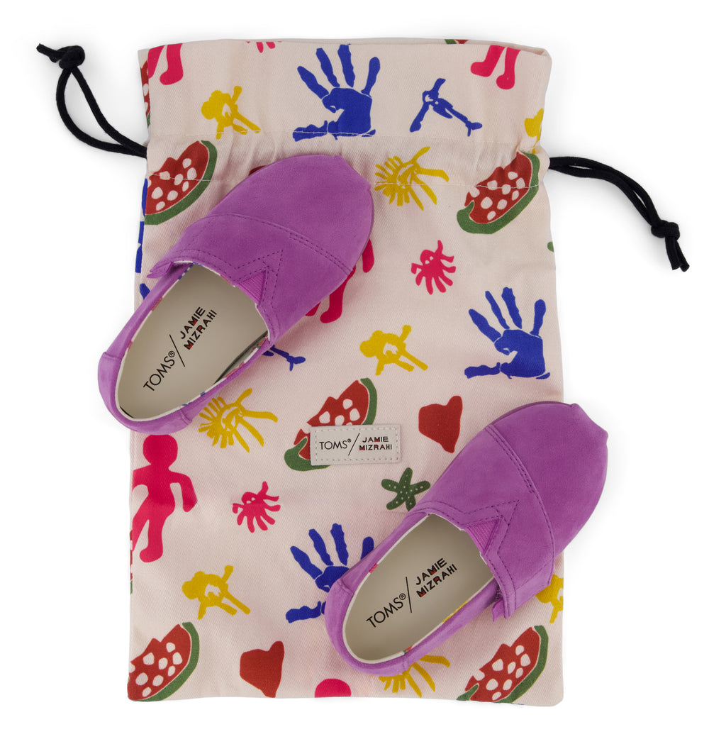 TOMS x Jamie Mizrahi Alpargata Classic Toddler Shoe -  Water Repellent Bright Mulberry Suede Dust Bag View