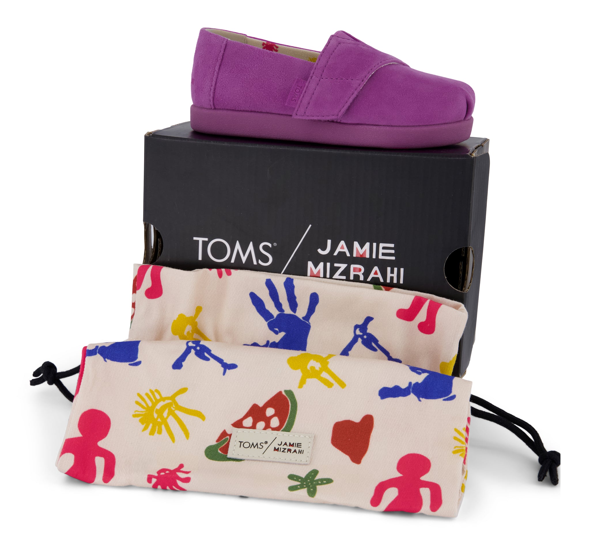 TOMS x Jamie Mizrahi Alpargata Classic Toddler Shoe -  Water Repellent Bright Mulberry Suede Shoebag and Dust Bag View