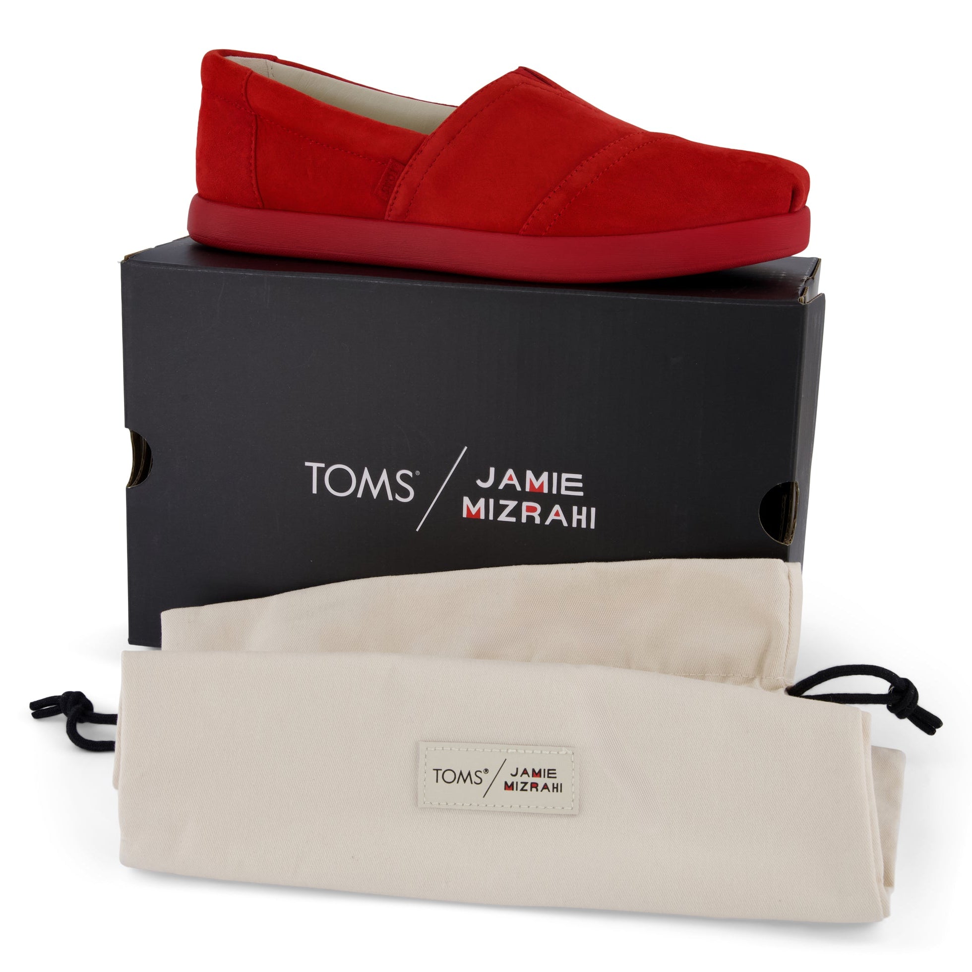 TOMSxJamieMizrahi Women Alp Fwd Cherry Suede Packaging with box and bag