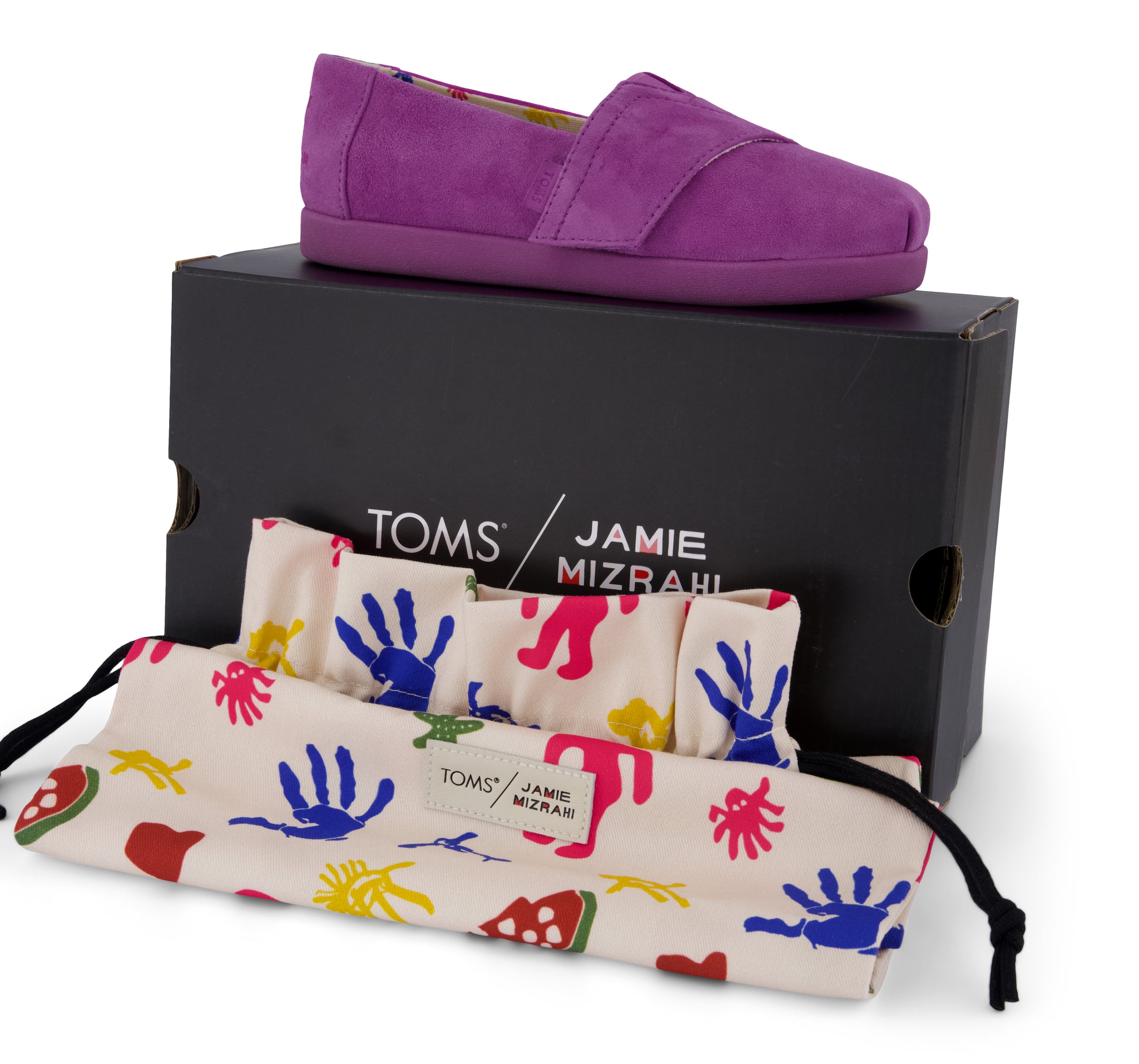 TOMS x Jamie Mizrahi Alpargata Classic Kids  Shoe -  Water Repellent Bright Mulberry Suede Shoebox and Dust Bag View