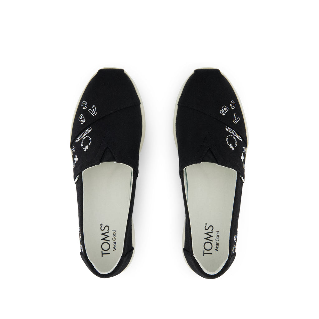 Alpargata Plus - Black Slub Woven Back To School Doodle Embroidery Top View