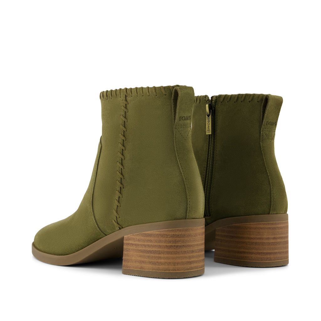 Delilah Heeled Boot - Water Repellent Military Olive Suede Back View