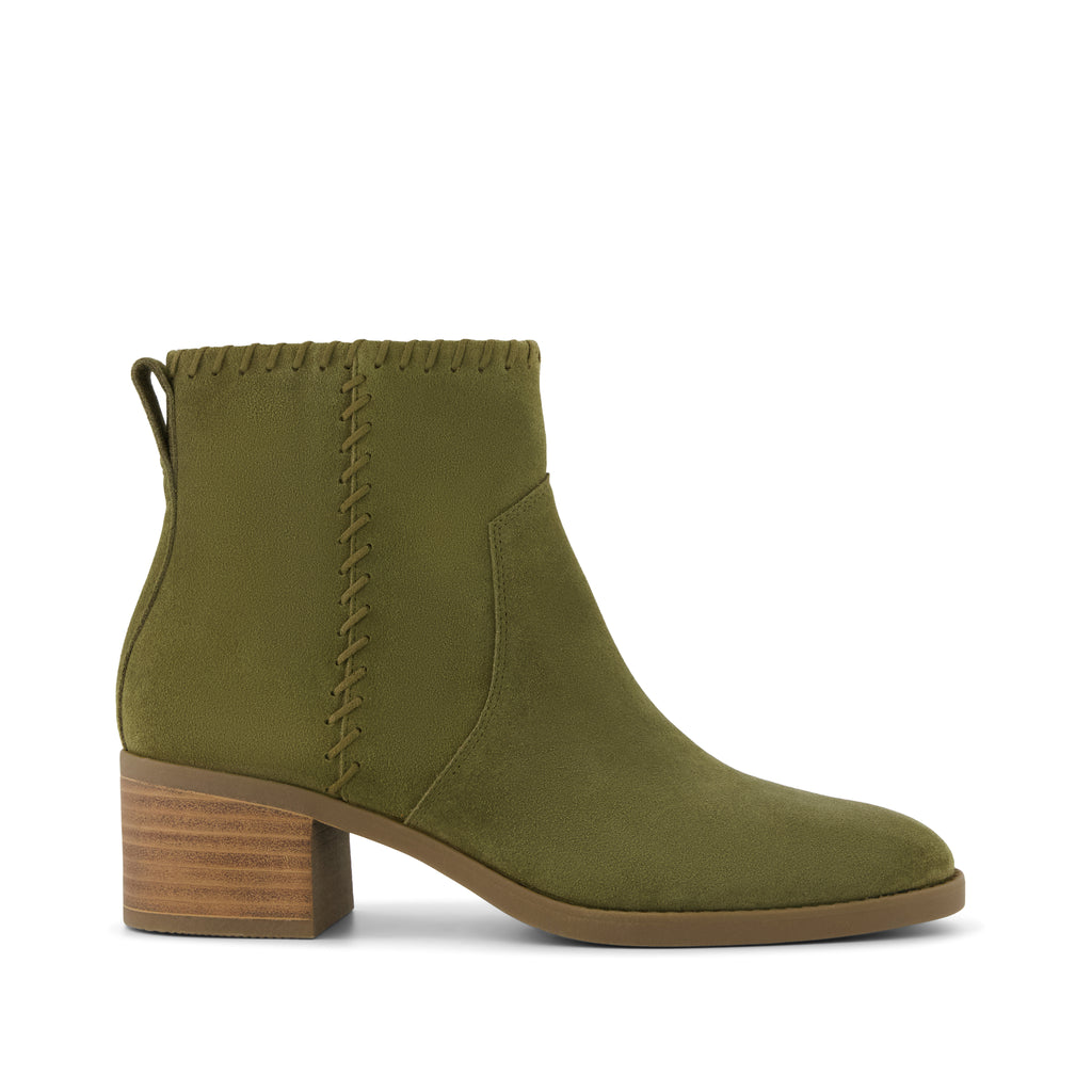 Delilah Heeled Boot - Water Repellent Military Olive Suede Side View