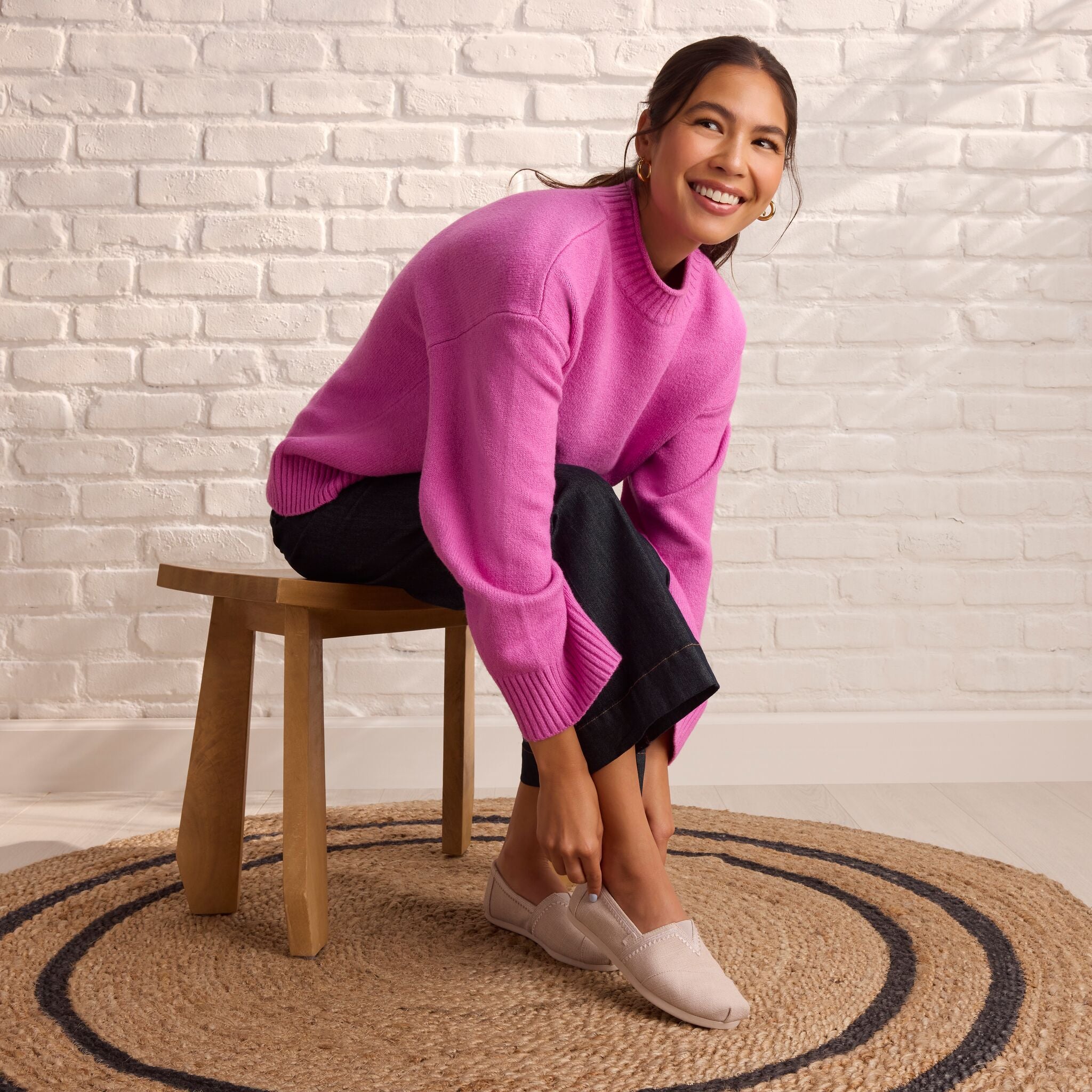 On model image of the embroidered taupe Alpargata