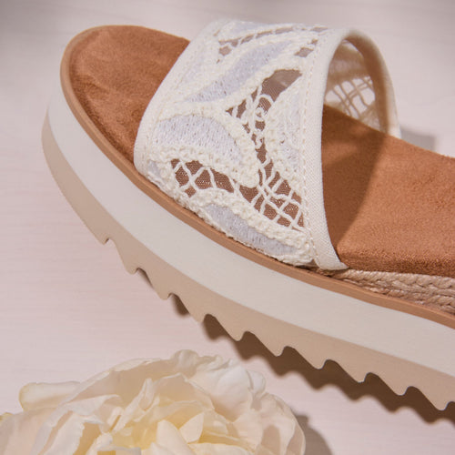 Up close detail shot of the white lace Diana Sandal