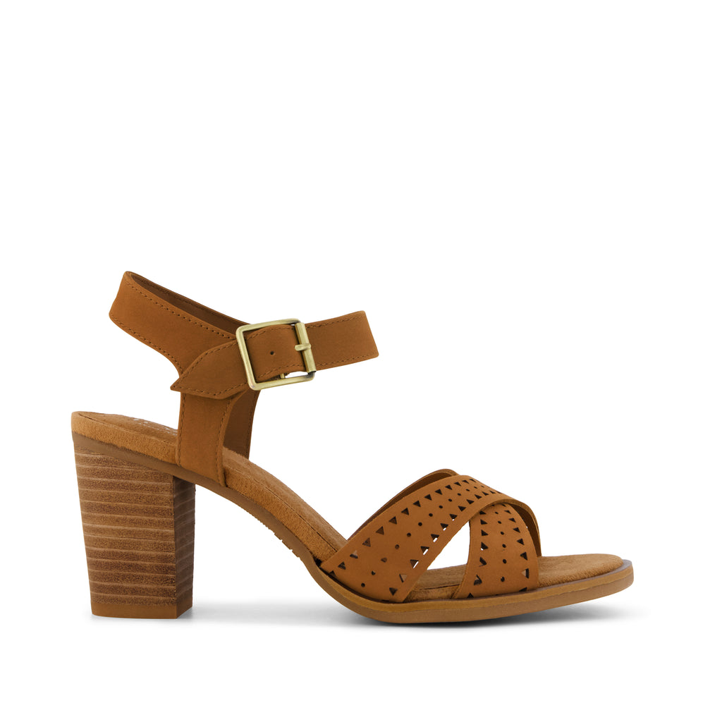 Majorca Strappy Heeled Sandal - Brown Perforated Leather Side View