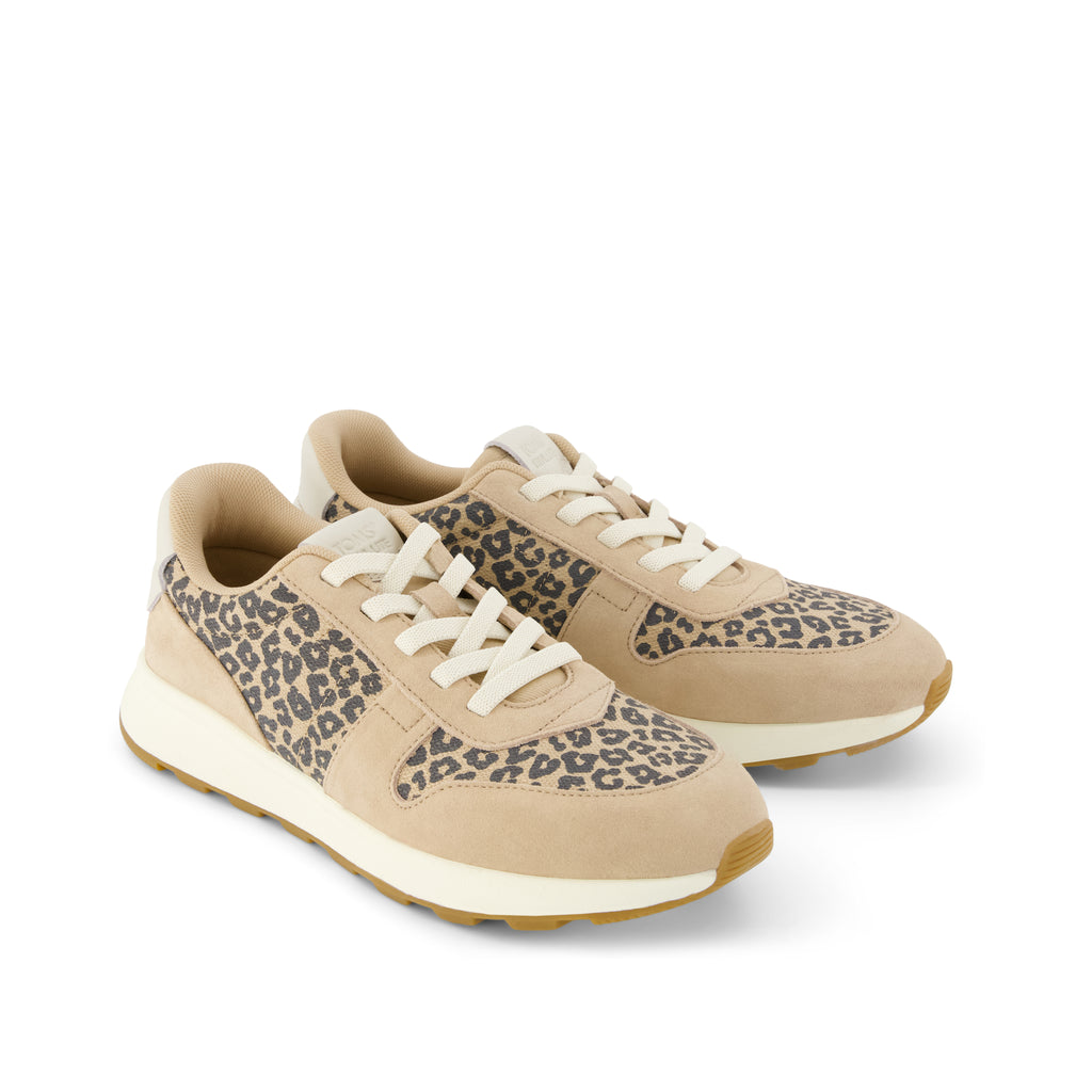 TRVL LITE Retro Runner Sneaker - Water Repellent Natural Leopard Spots Front View