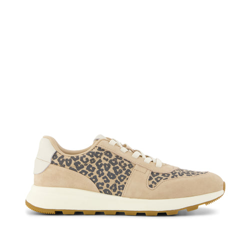 TRVL LITE Retro Runner Sneaker - Water Repellent Natural Leopard Spots Side View