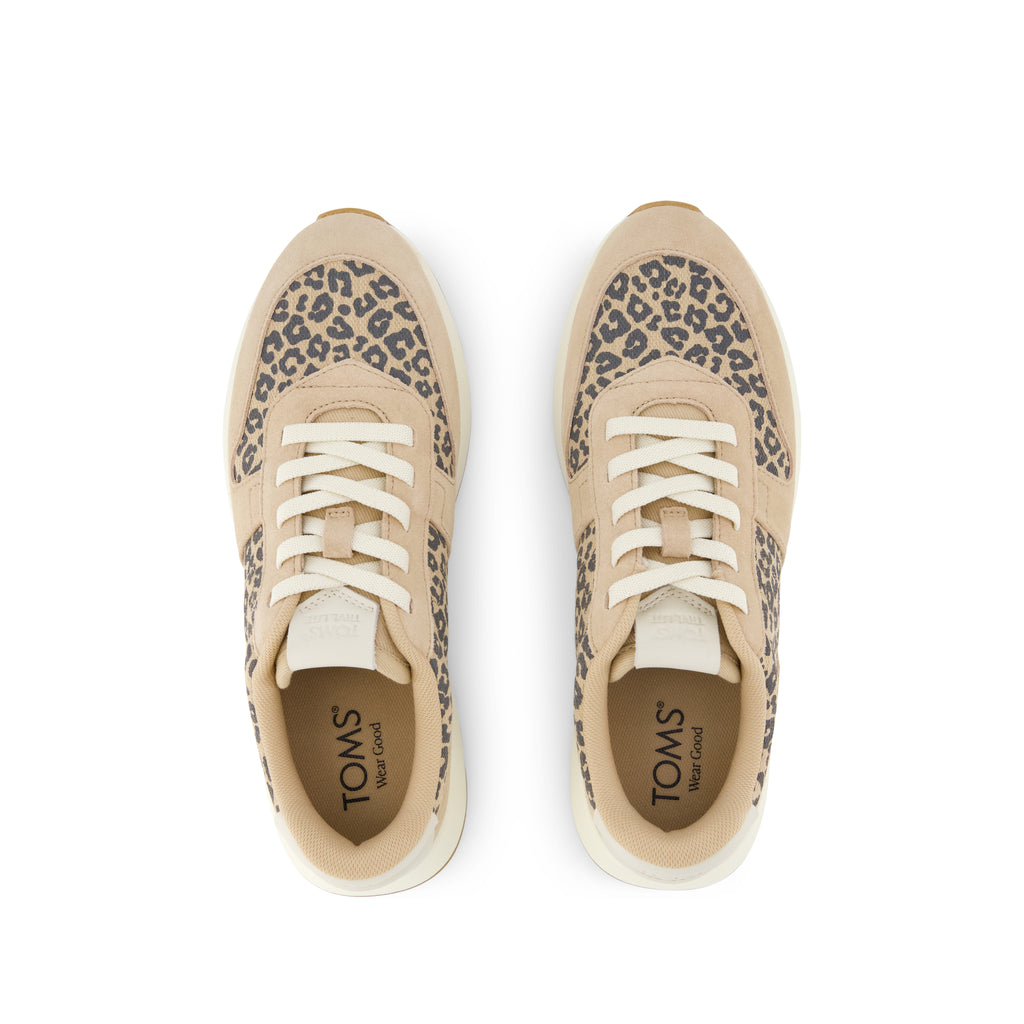 TRVL LITE Retro Runner Sneaker - Water Repellent Natural Leopard Spots Top View