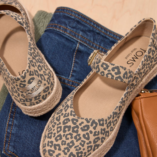 Laydown image of the leopard print Carolina Mary Jane espadrille