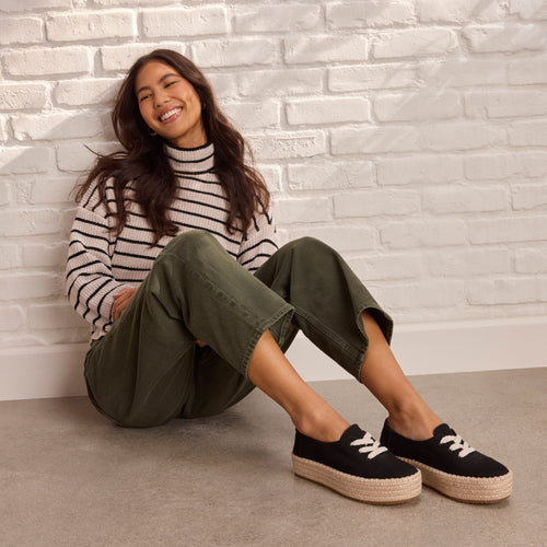 On model image of the black Valencia lace up espadrille