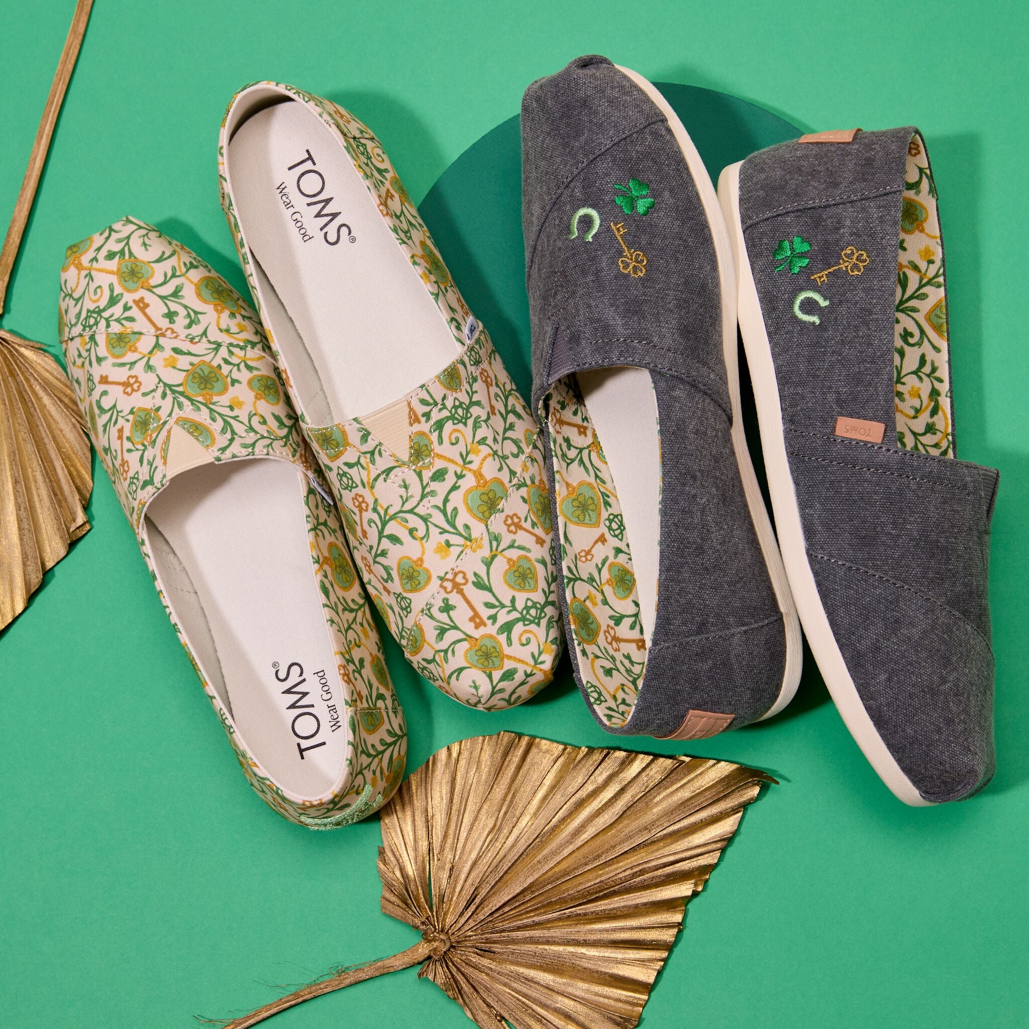 Laydown image of the embroidered St. Patrick's Days chambray Alpargata 