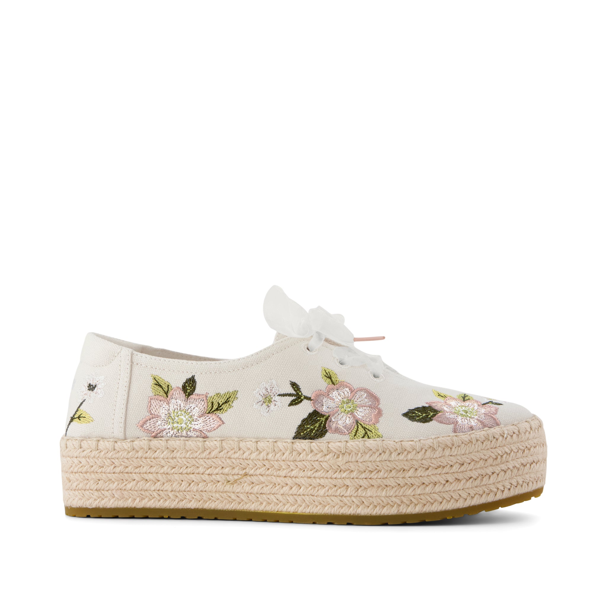 Valencia Lace-Up Platform Espadrille - Natural Embroidered Floral Side View