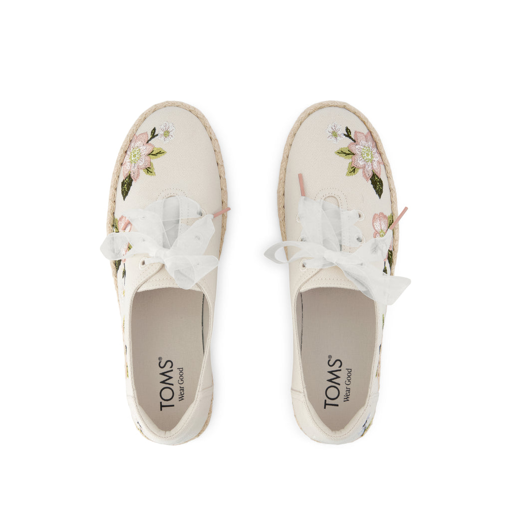 Valencia Lace-Up Platform Espadrille - Natural Embroidered Floral Top View