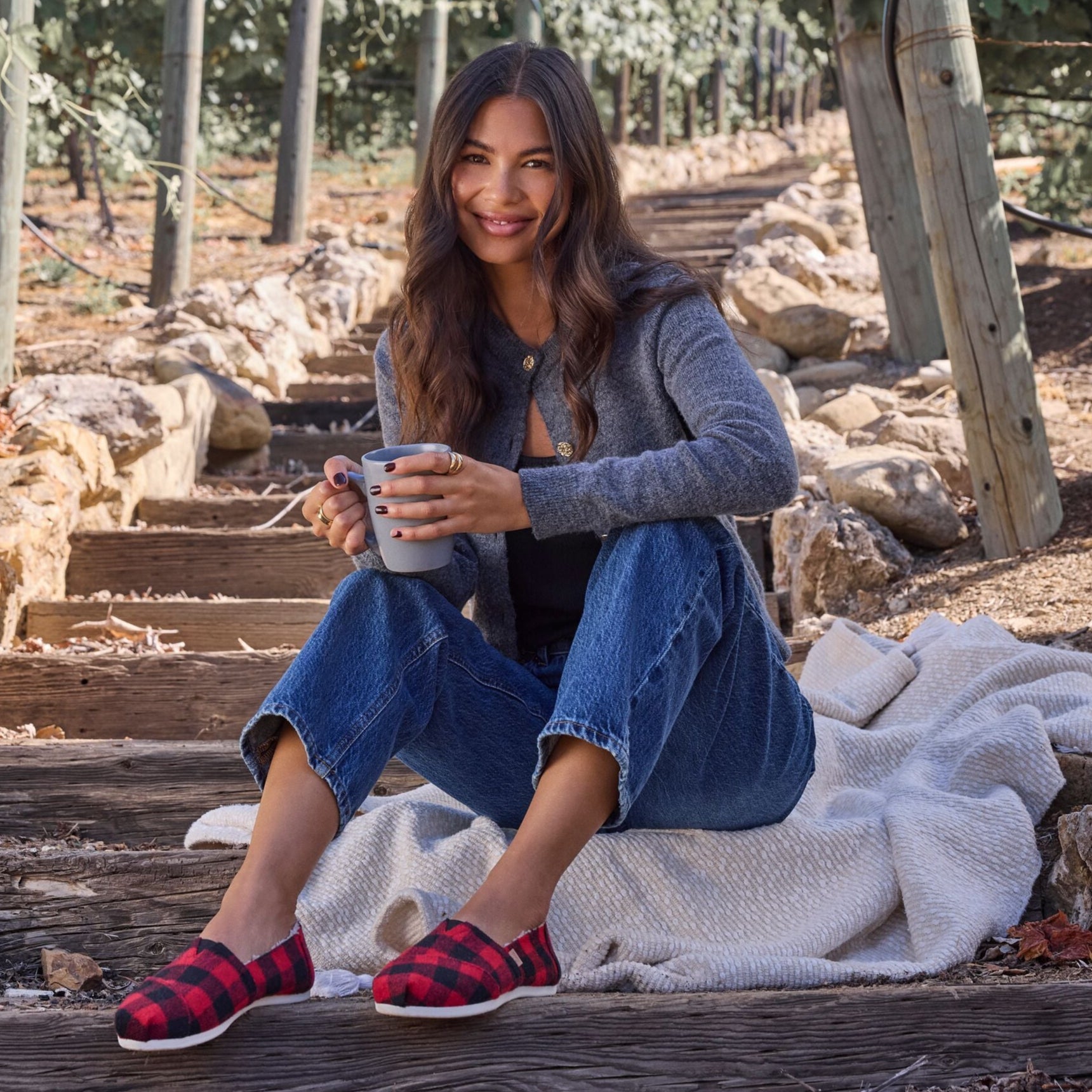 On figure image of the red buffalo plaid womens alpargata